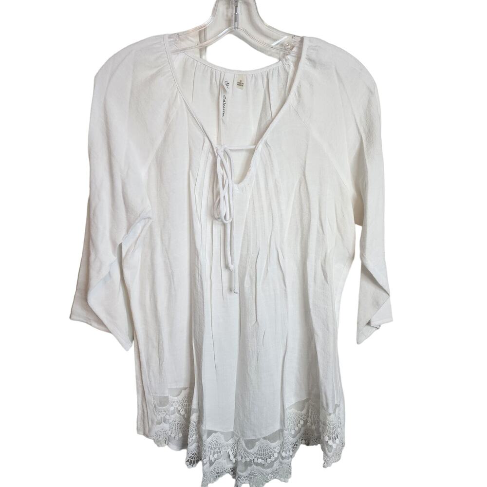 NY Collection White Boho Tie Front Top, Small